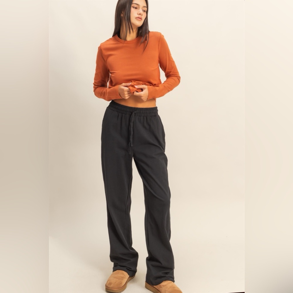 NEW Double Zero Black Cotton Wide Leg Lounge Pants Drawstring High Waist Medium